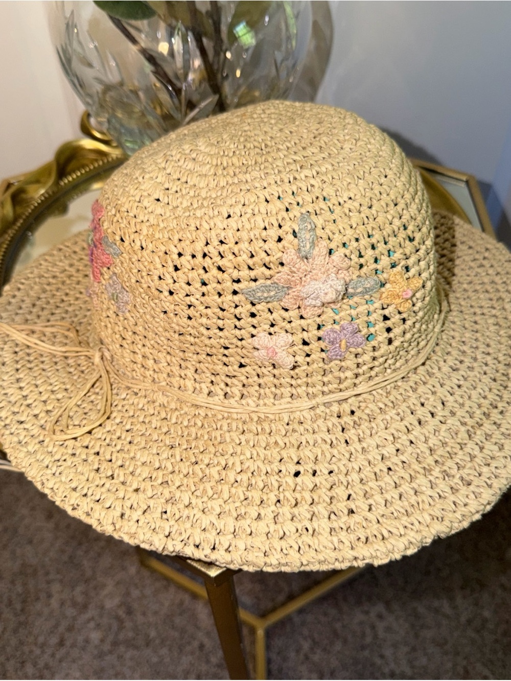Cappelli Straworld Crochet straw Sun Hat with Pastel Floral Accents